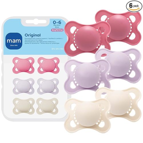 MAM Original Baby Pacifiers 0-6 Months, Binky for Newborn Babies, BPA-Free Skin Soft Silicone Nipple, Glows in The Dark, Developed with Medical Experts, 6 Count, Made in Europe