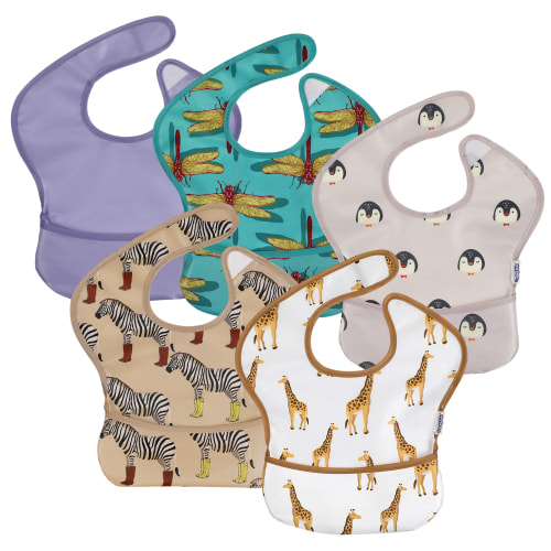 Gllquen Baby Waterproof Baby Bibs for Boys and Girls, Great Travel Baby Bibs for Eating, Infant Feeding Bibs, 5 Pack, Animal World