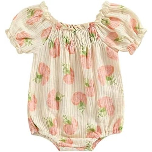 Infant Baby Girl Linen Romper Smocked Bubble Bodysuit Frill Trim Ruffle One-Piece Jumpsuit Casual Cute Summer Clothes