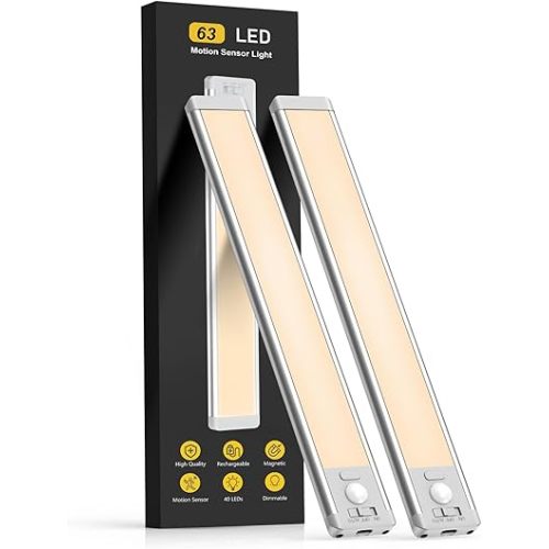 Under Cabinet Lights, 63 LED Rechargeable Battery Operated Motion Sensor Light Indoor, 2 Pack Magnetic Dimmable Closet Lights, Wireless Under Counter Lights for Kitchen, Stairs