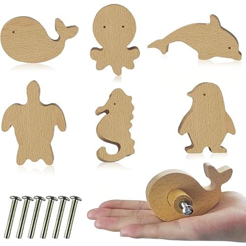 Zaruatu 6 Pcs Wooden Animal Cabinet Knobs with Screws Decorative Wardrobe Knobs Natural Wood Cute Animal Furniture Suitable for Nursery Drawer Handles Decor Cabinets Furniture (Ocean)