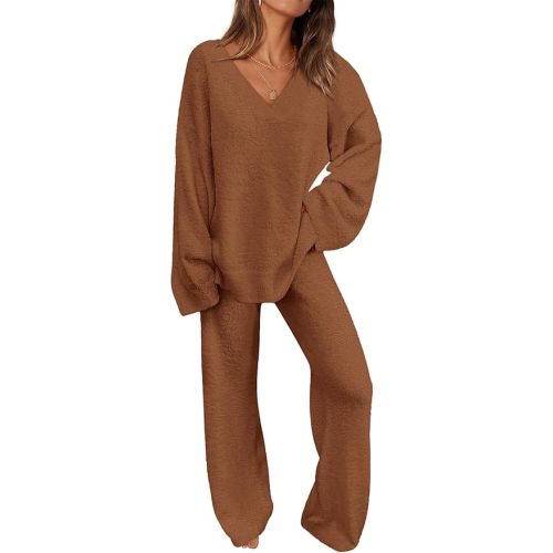 PRETTYGARDEN Women's 2 Piece Pullover Sweater Set Oversized V Neck Top Wide Leg Pants Fall Winter Fuzzy Lounge Outfit