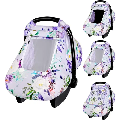 Purple Floral Waterproof Car Seat Cover for Babies, Windproof and Kick-Proof, Universal Fit, Soft Mink Plush Material