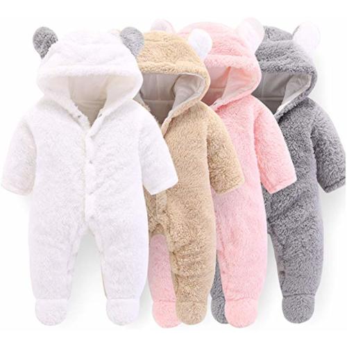 VNVNE Newborn Baby Cartoon Bear Snowsuit Warm Fleece Hooded Romper Jumpsuit - Brown - 0-3 Months