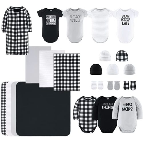 The Peanutshell Newborn Clothes & Accessories Gift Set | Fits Newborn to 3 Months | Black Plaid