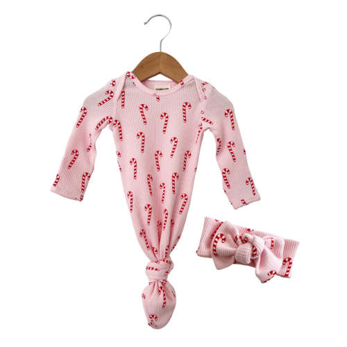 Organic Waffle Knotted Gown & Bow Set, Pink Candy Cane