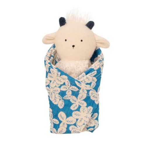 Manhattan Toy Embroidered Plush Goat Baby Rattle + Soft Cotton Burp Cloth, 16 X 16 Inches