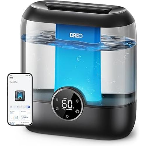 DREO Smart Humidifiers for Bedroom, 6L Top Fill Supersized Cool Mist Humidifier for Large Room, 60 Hour Runtime, Quiet Ultrasonic Humidifier for Plants, Baby, Indoor, Home, Night Light, Black