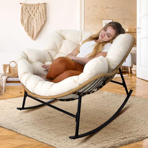 NICESOUL® Indoor Outdoor Rocking Chair with Cushion, Oversized Patio Papasan Rocking Chair, Water Resistant Egg Royal Rocking Chair 450Lbs Sturdy Comfy Recliner Large Lounging Chair Xmas Gift