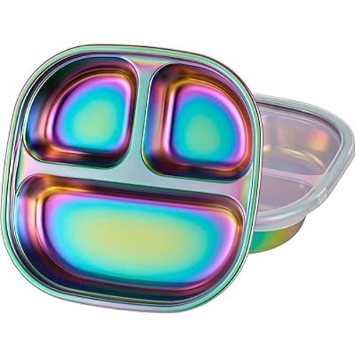 Stainless Steel Kids Plates,Set of 2 Divided Toddler Plate with Lids,Unbreakable Toddlers Baby Dinner Dishes,Metal Food Tray, Colorful (2)