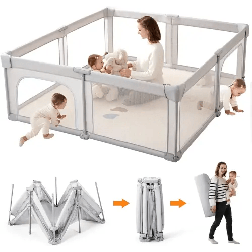 Baby Playpen,Foldable Portable Playpen for Babies and Toddlers,59”x59”Play Pen with Zipper Door,Play Pen Indoor & Outdoor Baby Fence Play Area, Collapsible Play Yard with Travel Bag(Light Grey)