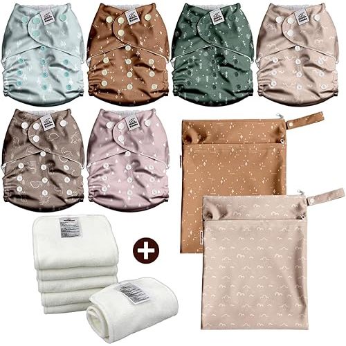 Mama Koala 3.0 Baby Cloth Diapers with 6 Inserts Bundle(Simply Neutrals), with 2 Pack Waterproof Wet Dry Bags