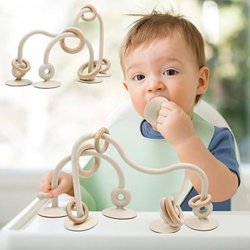 Baby Sensory Teething Chew High Chair Suction Toys for Infant Toddlers 6 12 18 24 Months, Food Grade Silicone Teether with Oak Loop Montessori Educational Baby Bath Toy Gifts (Beige)