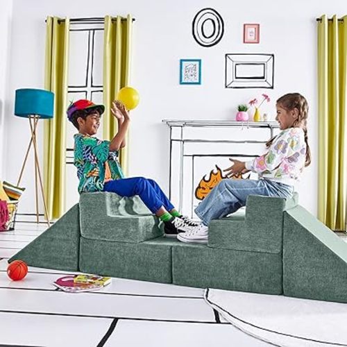 Yourigami Kids and Toddler Play Gym, Playroom Couch Set, Durable Modular Design, Green Meadows