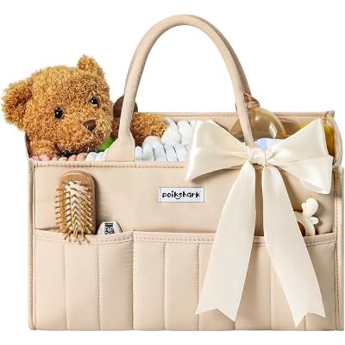 POIKSHARK Baby Diaper Caddy - Stylish Basket for Newborn Essentials, Nursery Storage Bin and Car Organizers for Diapers and Wipes, Gift for Baby Shower, Cream