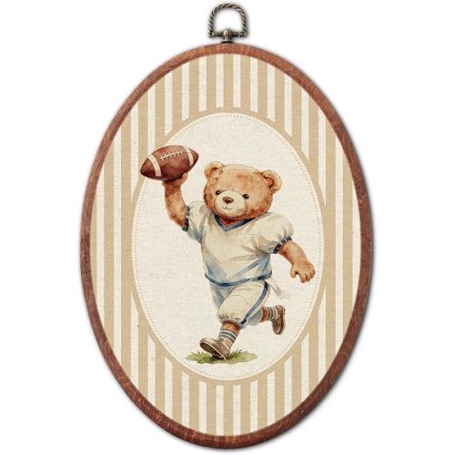 Vintage Football Teddy Bear Nursery Oval Wall Art Framed, Sports Striped Canvas Prints, Classic Retro Boy or Girl Gift Hanging Wall Decor for Kids Toddler Room Bedroom Playroom,