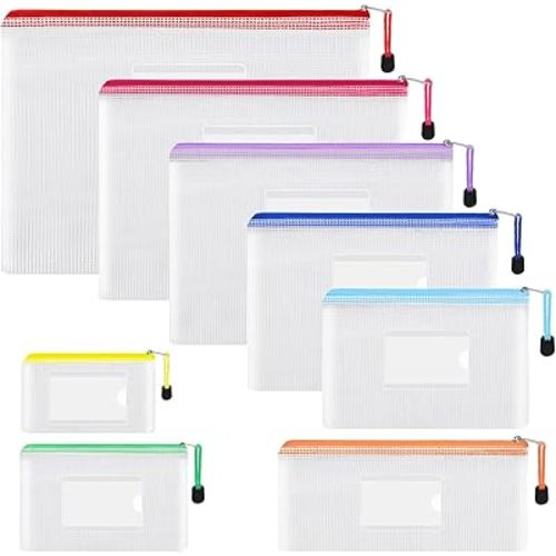 EOOUT 8pcs Mesh Zipper Pouch - 8 Sizes Waterproof Zipper Bags, 8 Colors Waterproof Plastic for Travel Storage, Office Appliances