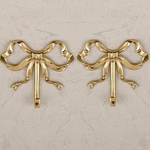 Bow Wall Hooks Brass (2 Pcs) Christmas Wall Decor Gold Hooks Door Hanger Towel Multi-Purpose Hooks for Hanging for Bathroom Living Room Kitchen Decor Christmas Birthday Gift (L)