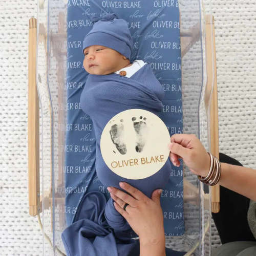 Personalized Steel Blue Baby Name Swaddle Blanket | Block Script