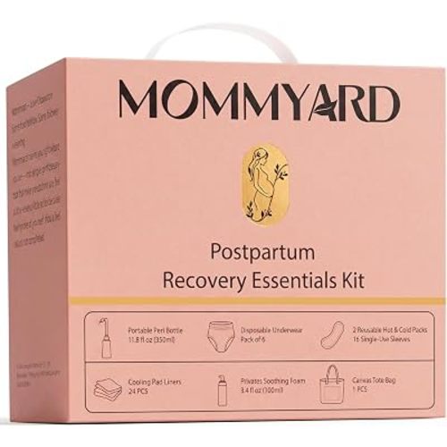Postpartum Recovery Essentials Kit, Labor & Delivery Gift for Mom, Includes Peri Bottle, Soothing Foam, Self-Absorbent Disposable Underwear, Hot&Cold Packs, Soothing Liners, Canvas Tote Bag
