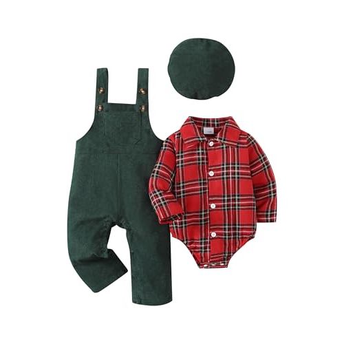 Renotemy Baby Boy Clothes Flannel Plaid Bodysuit+Corduroy Overalls+Beret Hat 3Pcs Fall Winter Outfits for 3-24 Months Boys