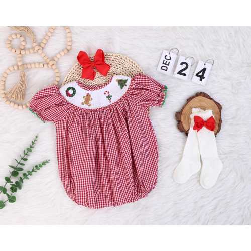 Personalized Red Christmas Bubble and Romper, Smocked Christmas Romper, Smocked Christmas With Gingerbread Wreath Candy Cane Christmas Tree