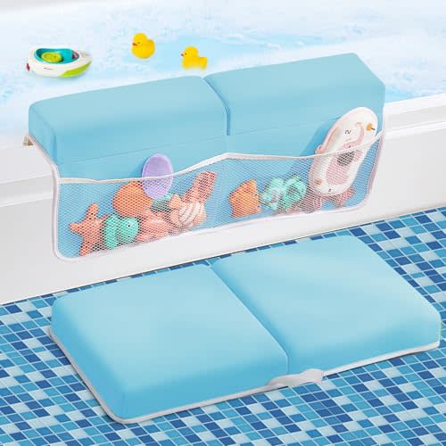 ILPEOD Baby Bath Kneeler and Elbow Rest Pad Set,Bath Kneeling Pad Thick Soft Quick Dry Baby Bathtub Mat for Baby Bathing Time,Baby Essentials Memory Foam with Toys Organizer Gifts for Parents,Blue
