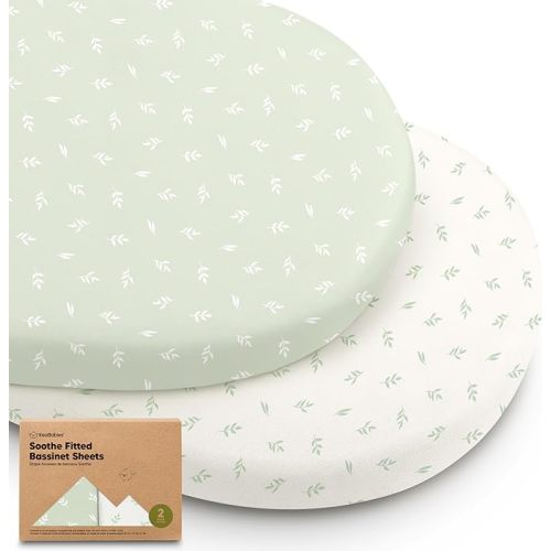 2-Pack Organic Bassinet Sheets for Girls, Boys - 100% Cotton Bassinet Mattress Sheets Compatible with Halo Bassinest Swivel Sleeper, Graco, Baby Delight, Chicco, Unisex Fitted Bassinet Sheets (Herb)
