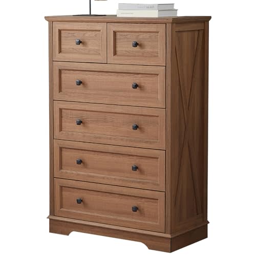 NONGSHIM Farmhouse Dresser for Bedroom with 6 Deep Drawers, Modern Dresser Tall 6 Chest of Drawers, Natural Oak Wood Storage Organizer Dresser, Nursery Dresser for Living Room, Bedroom, Hallway