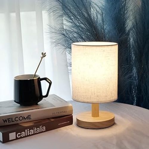 Small Table Lamp-Wooden Bedside Lamp Simple Bedroom Lamp Linen Shade Mini Desk Lamp Night Light Nightstand Lamp for Bedroom,Living Room,Kids Room (Including LED Bulbs) (Round)