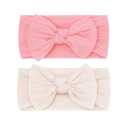 Baby Bling Bows - Newborn to Little Baby Girl Bows, 2 Pack Nylon Super Soft Stretchy Knot Toddler Headbands, Perfect Hair Accessories Head Bands for Infant Kids(Zinnia & Oatmeal)
