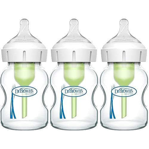 Dr. Brown's Natural Flow Anti-Colic Options+ Wide-Neck Glass Baby Bottles 9 oz/270 mL, with Level 1 Slow Flow Nipple, 3 Pack, 0m+