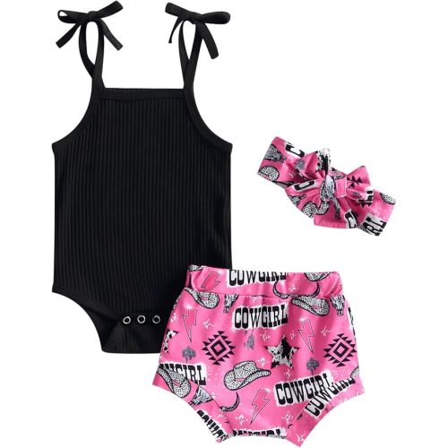 Kuriozud Newborn Infant Baby Girl 2 Piece Summer Outfits Tank Romper Top + Ruffle Bloomer Shorts Set Clothes - 3-6 Months - Cowgirl Black