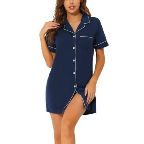 cheibear Women's Notched Collar Button Down Pajama Shirt Dress with Pocket Gray Medium
