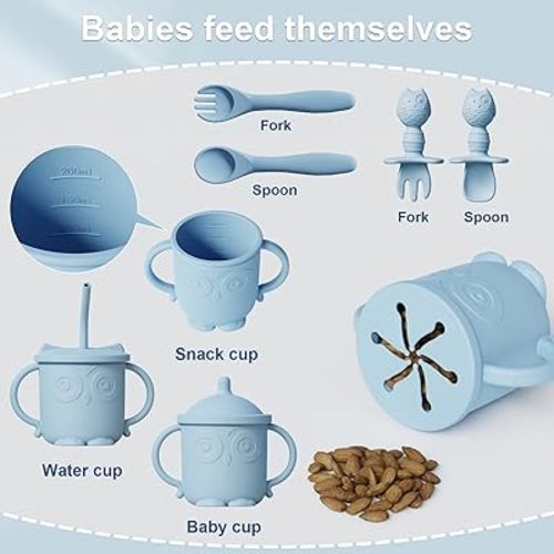 Baby Led Weaning Supplies, 10 Pack Silicone Baby Feeding Set - Baby Bowls and Plates with Suction, Toddler Spoons and Fork, Toddler Cups with Replaceable Lids (Blue)