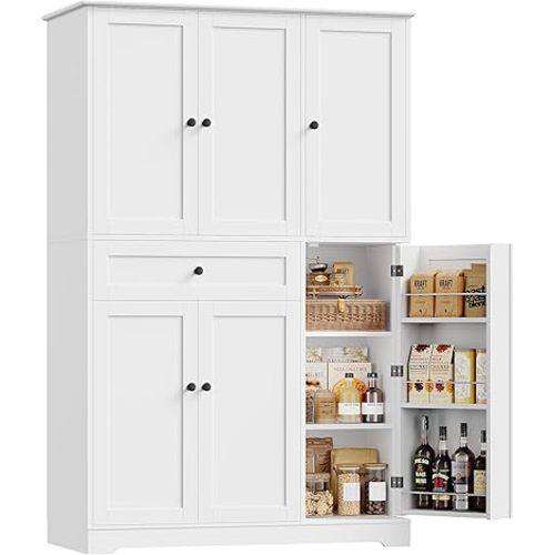 HOSTACK 68" Tall Kitchen Pantry Storage Cabinet, Modern Kitchen Hutch Cabinet with Doors and Shelves, Freestanding Food Pantry with Large Storage Drawer for Dining Room, Living Room, White