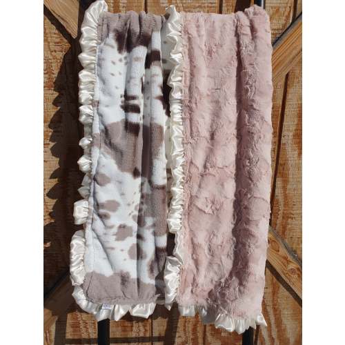 Ruffle Baby Blanket - Brown Sugar Cow Minky and Dusty Rose Minky