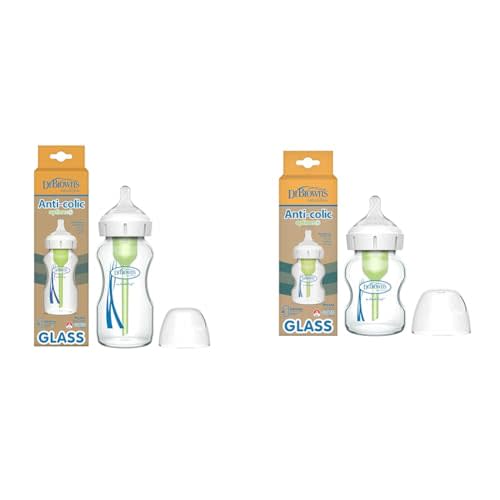 Dr. Brown's Anti-Colic Options+ Wide-Neck Glass Baby Bottles, 9 oz & 5 oz with Level 1 Slow Flow Nipples, 2 Pack