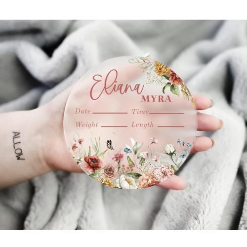 Personalized Birth Stat Sign Personalized for Baby, Newborn Birth Hospital Photo Prop, Nursery Decor for Boy, Personalized Announcement, Welcome Plaque, Baby Shower Gift (Floral Acrylic 1)