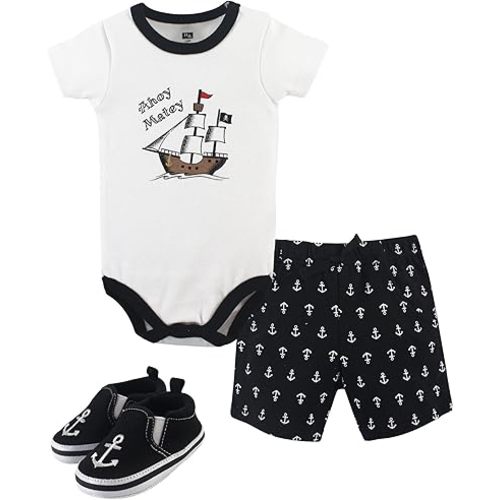 Hudson Baby Unisex Baby Cotton Bodysuit, Shorts and Shoe Set