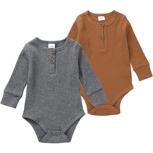 Lala Bear Baby Girl Boy 2 Pack Solid Long Sleeve Romper Bodysuit Clothes - Grey & Brown - 9-12 Months