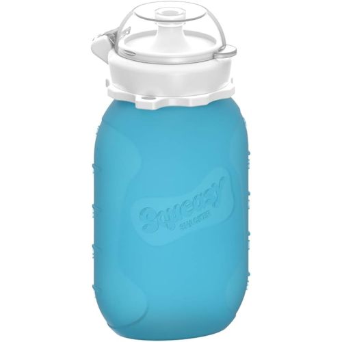 Blue 6 oz Squeasy Snacker Spill Proof Silicone Reusable Pouch - For Soft Foods & Liquids - Water, Apple Sauce, Yogurt, Smoothies, Baby Food - Dishwasher Safe
