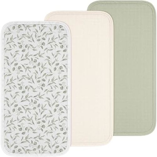 Breling 3 Pcs Waterproof Changing Pad Liners Reusable Baby Diaper Pad Liners for Girl Boy 27.5 x 14.2 Quilted Floral Cotton Changing Table Cover(Green Leaves)