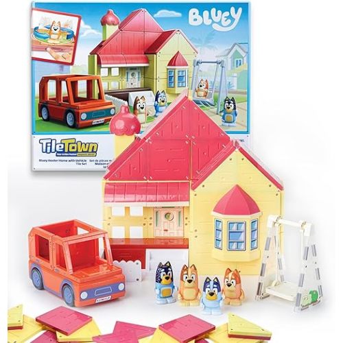 Tile Town Bluey Heeler Family Home 52-Piece Magnetic Tile Playset, Interactive STEM Magnetic Tiles Toys, Includes Bluey & Bingo Figures, Action Tiles
