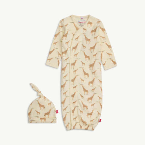 cream jolie giraffe organic cotton magnetic open bottom gown + hat set