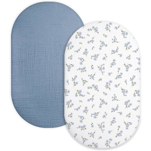 Bassinet Sheet for Baby Boy and Girl 2 Pack, Fitted Sheets for Rectangle, Oval, Hourglass Bassinet Mattress, Muslin Moses Basket Sheets with Neutral Style (Bluebell Bloom & Light Blue)