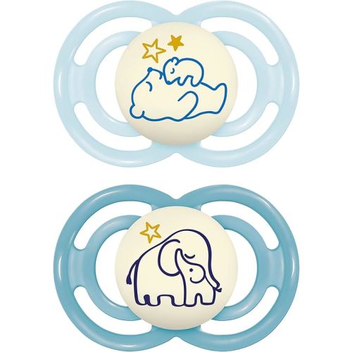 MAM Perfect Night Baby Pacifier, Patented Nipple, Glows in the Dark, 2 Pack, 6-16 Months, Boy (Design May Vary)