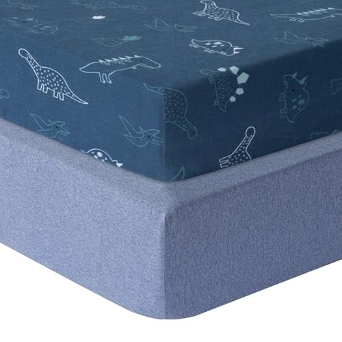 Dreamology Cotton Crib Sheets,2-Pack,Standard Crib Sheet Boys,Girls,100% Cotton Crib Sheets | Super Soft,Neutral | Cotton Crib Sheet Fitted and Toddler Bed Sheets,52x28 | Dino,Denim Blue