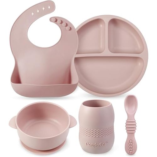 PandaEar Silicone Feeding Set - Baby Led Weaning Supplies with Bib, Suction Plate, Bowl, Cup, and First Stage Spoon