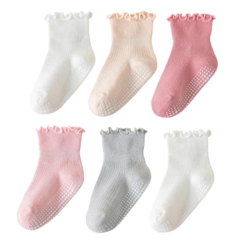 ANYANIME 6 Pairs Toddler Ruffle Socks for Girls - Baby Grip Socks with Non-Slip, Cute Grippy Frilly Design